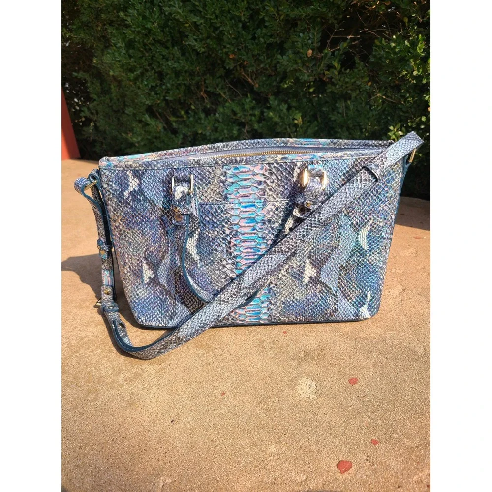 Brahmin Mini Asher Satchel Marine Seville Blue Iridescent Snakeskin Leather Bag
